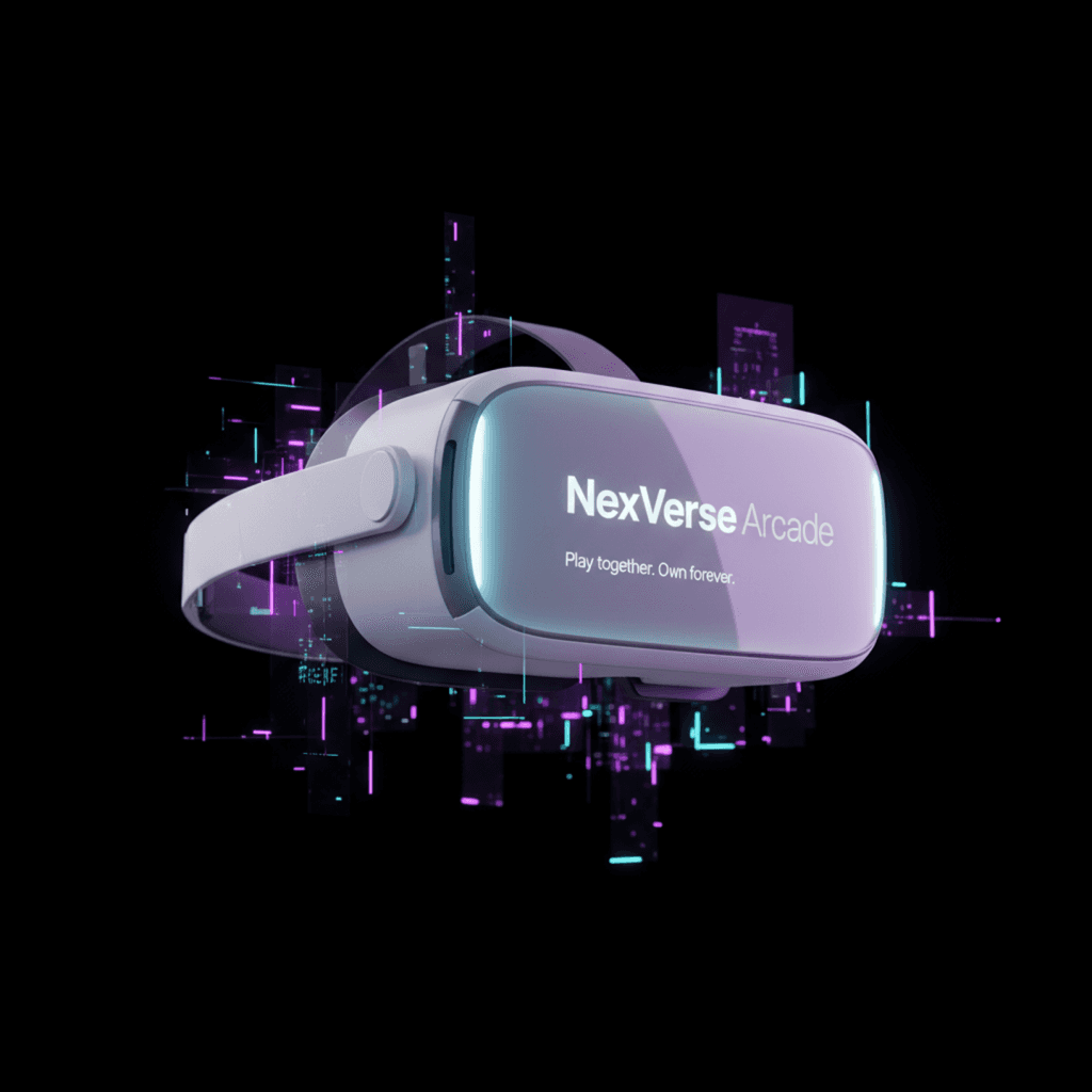 NexVerse Arcade VR headset floating with neon cityscape backdrop