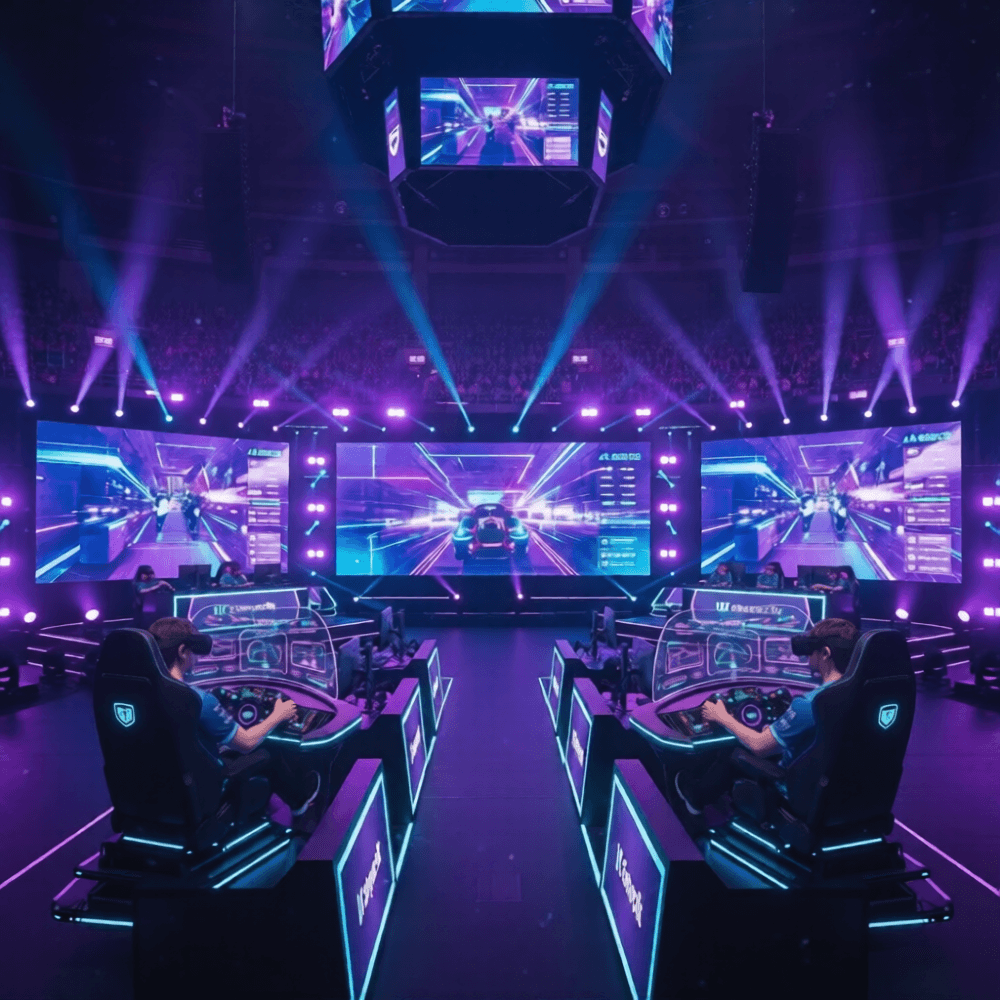 NexVerse esports tournament arena with players at racing-sim rigs and large spectator screens
