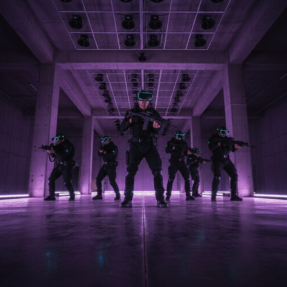 Squad of players in tactical VR gear in a purple-lit free-roam arena