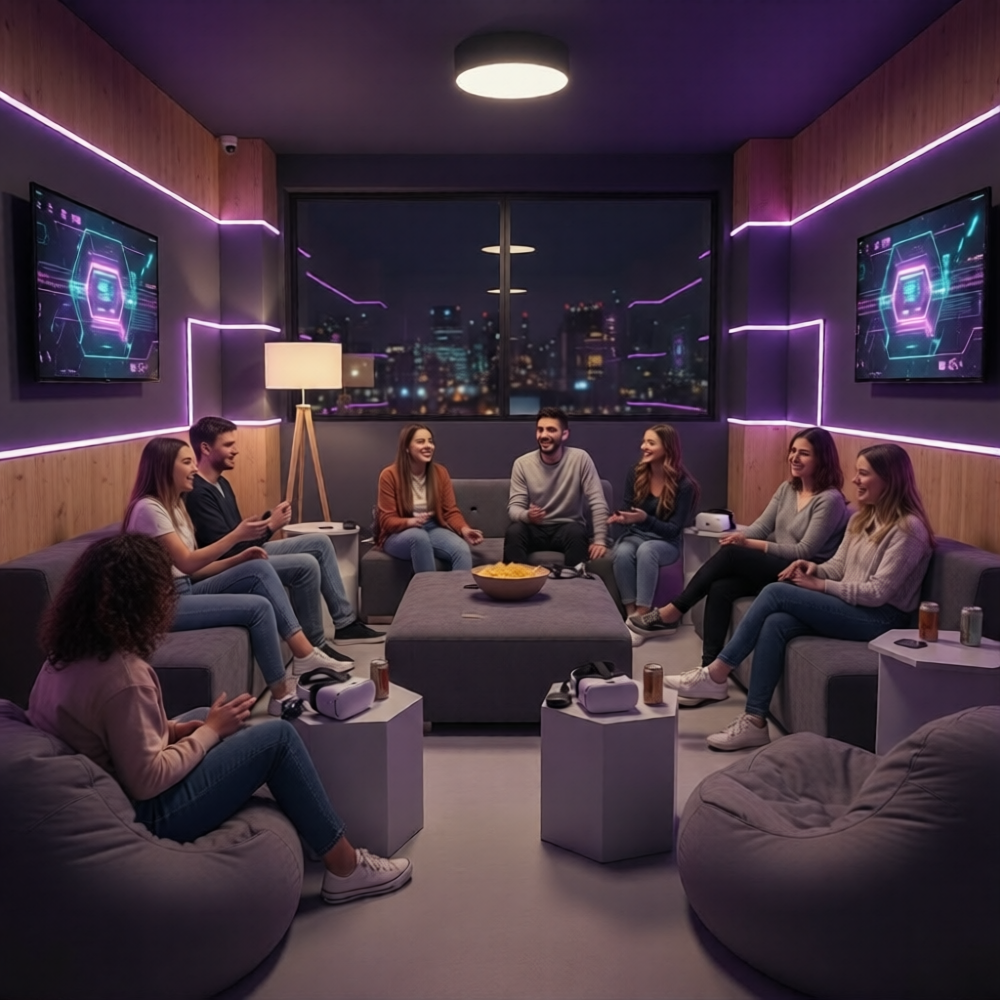 Players relaxing together in the neon-lit NexVerse Arcade social lounge